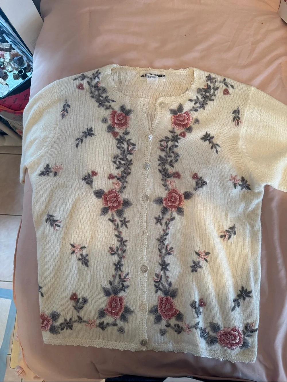 Alfred Dunner Cream Cardigan with Pink Rose Embroidery